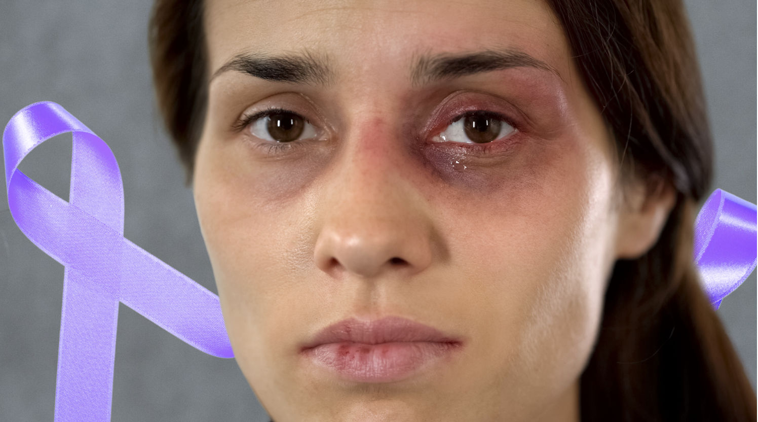 Woman with bruised face and purple ribbon behind her