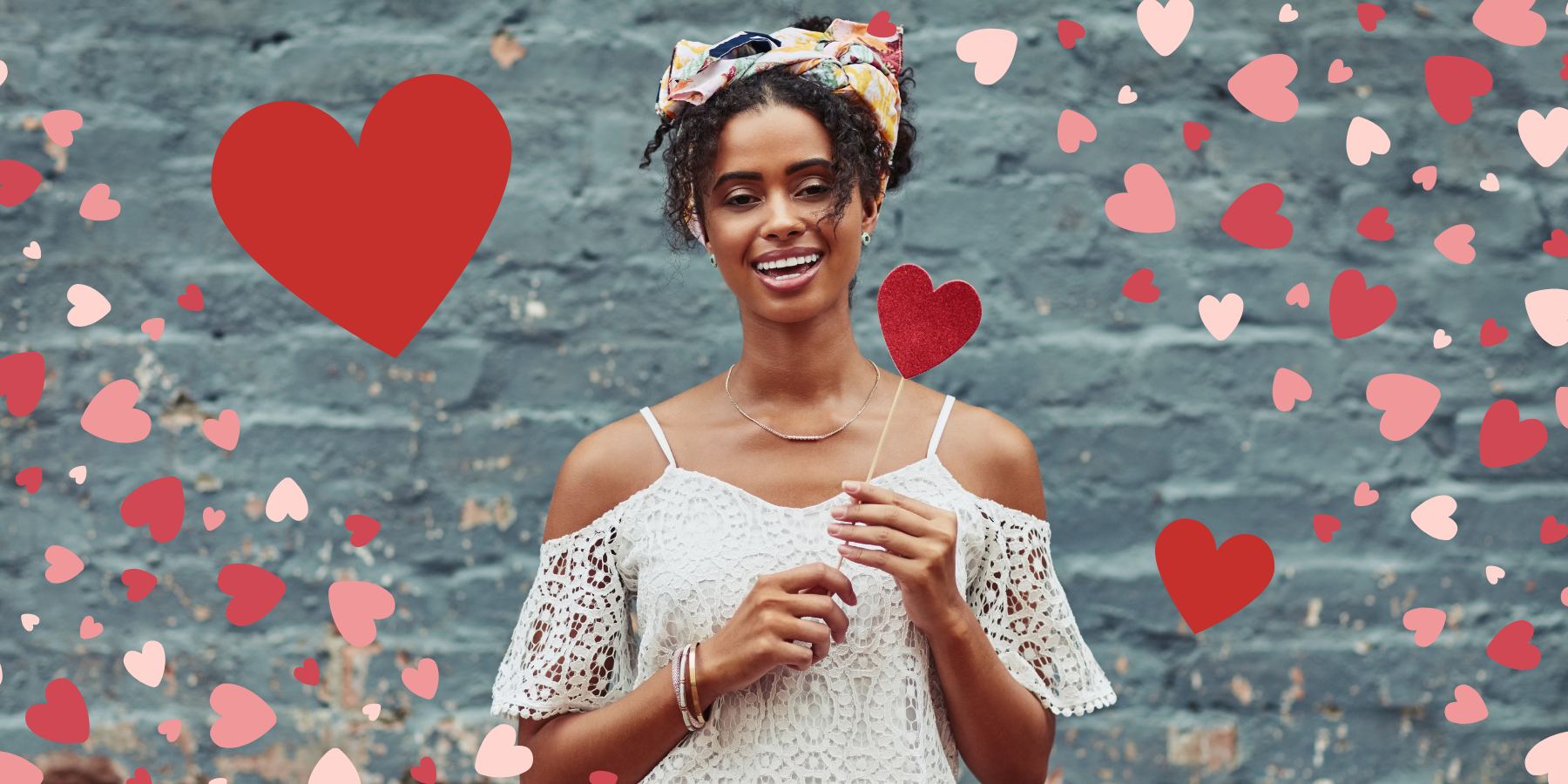 Woman surrounded by hearts.